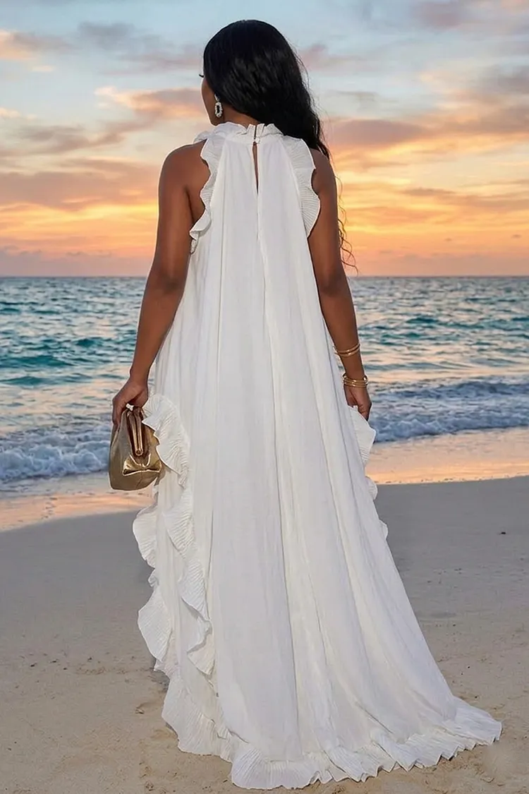 Mock Neck Sleeveless Ruffle Loose Fit Vacation Maxi Dresses-White