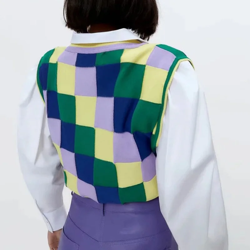 Green Women's Vest Sweater V-neck Sleeveless Sweater Vest Vintage Plaid Female Knitted Vests Argyle Pullover Knitted Tops Autumn