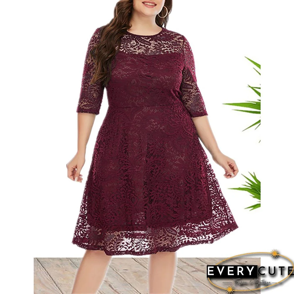 Red 1/2 Sleeve Plus Size Lace Dress