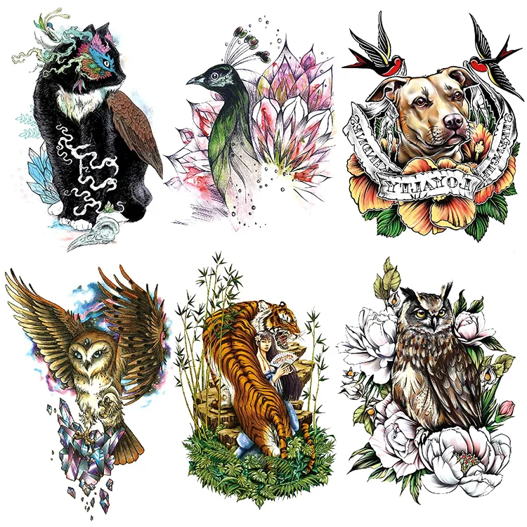 6 Sheets Temporary Tattoo Men Tribal Realistic Color Tiger Ink Cat Owl Body Art Real Peacock Dog Owl Arm Shoulder