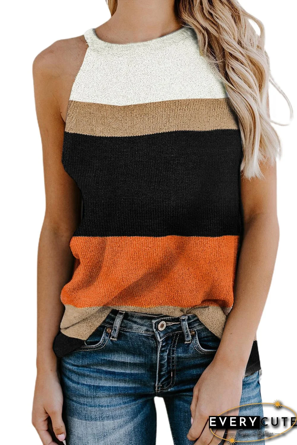 Orange Color Block Knitted Tank Top