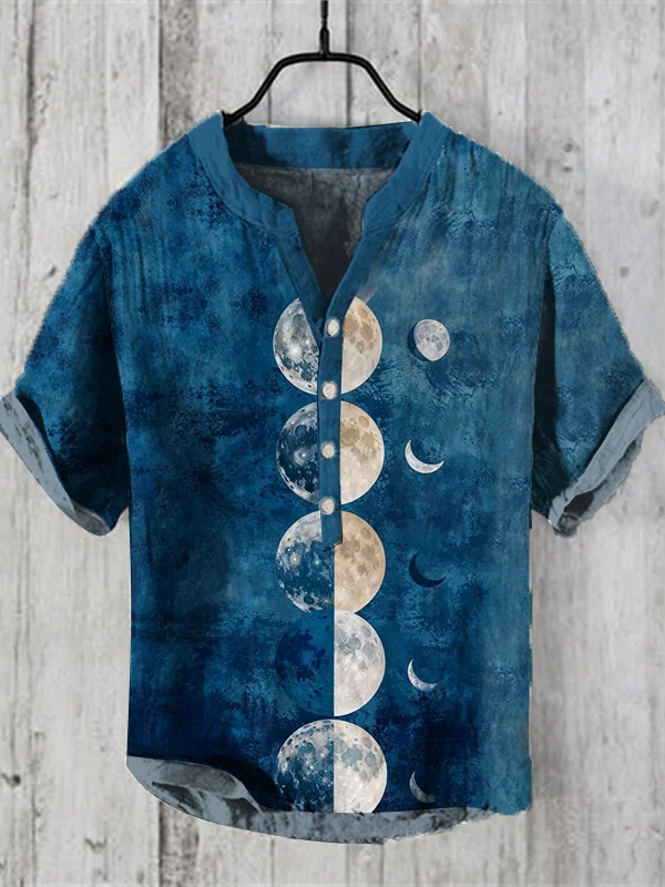 Men's Retro Mystical Moon Phase Spiritual Art Half Button Linen Blend Shirt