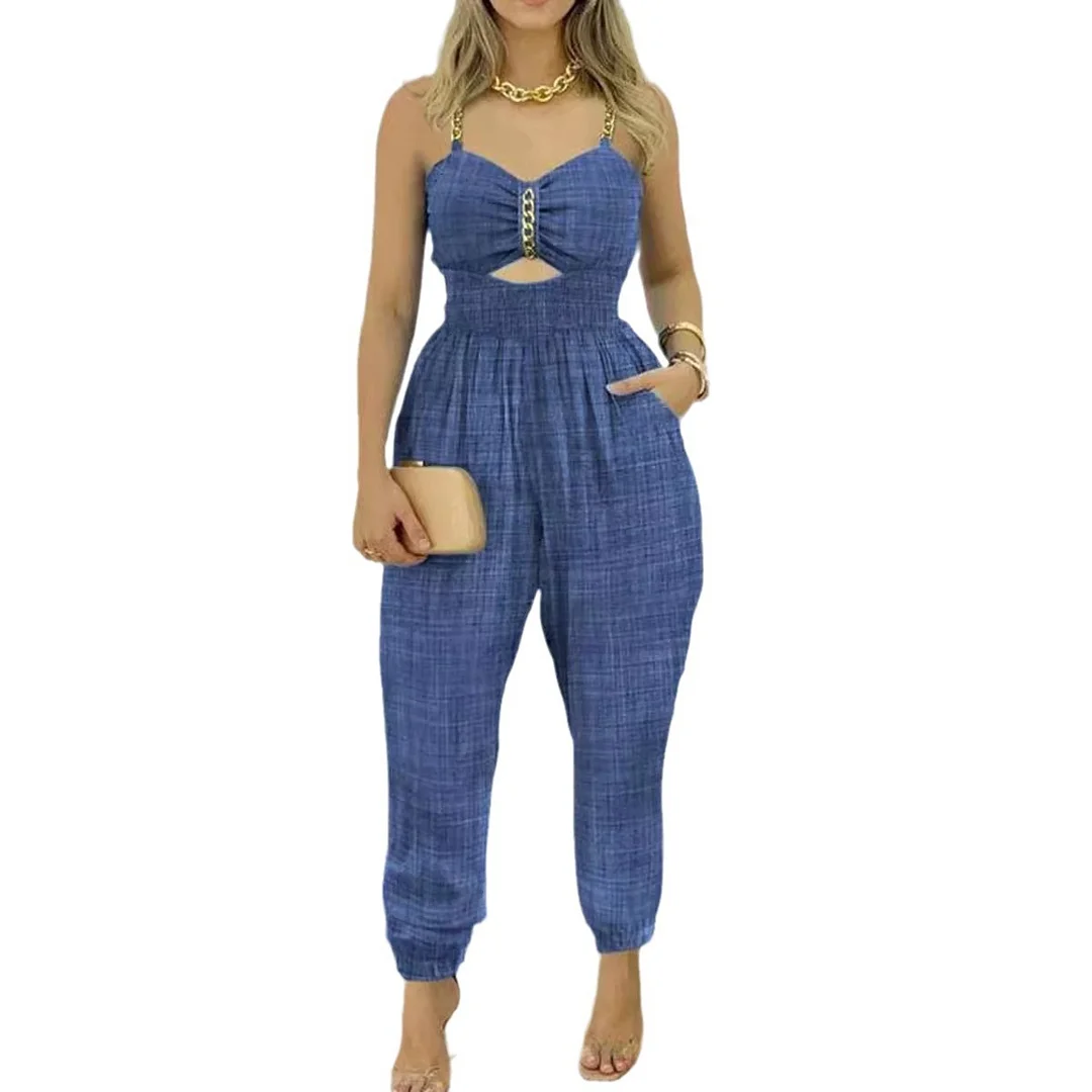Uveng Uveng Women's New Cotton And Linen Jeans Blue Chain Sling Casual Bag To Pull The Back Wrapped Chest Jumpsuit