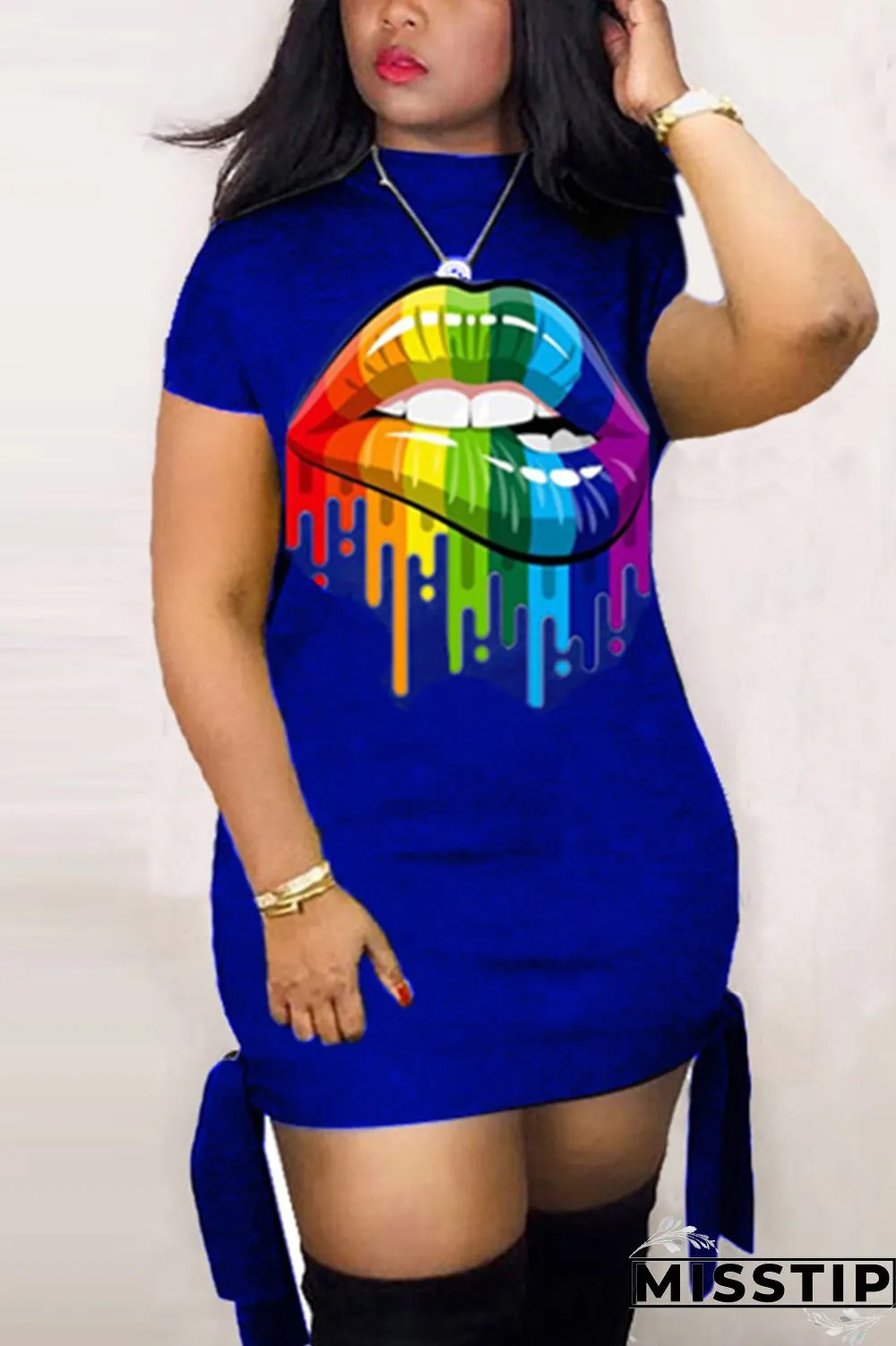 Black Fashion Lips Print Short Sleeve Dress