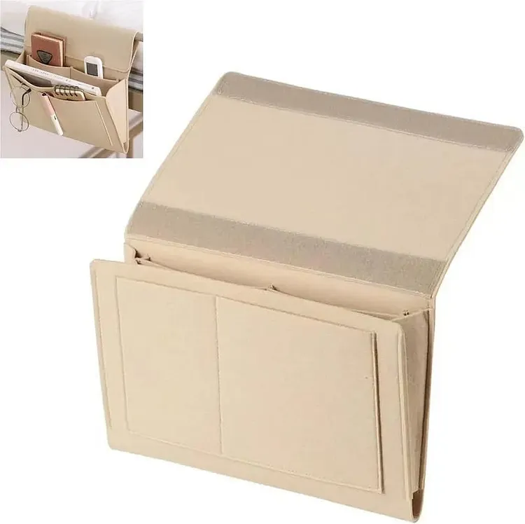 Bedside Caddy, 5 Pockets Felt Bedside Storage Organizer, Hanging Storage Organizer for Home Bedroom Living Room College Dorm Bed Water Bottles, Magazines, Phone, Glasses (Beige) 