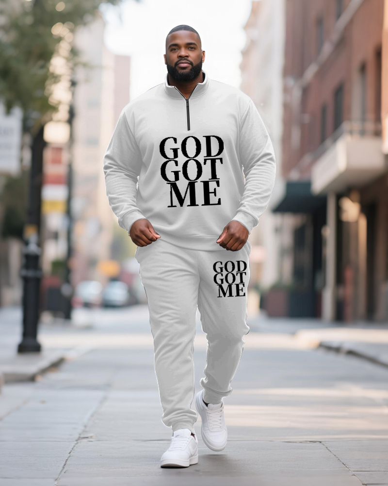 Big & Tall Men's GOD GOT ME Printed POLO Collar Zipper Long Sleeve Pants Two-Piece Set