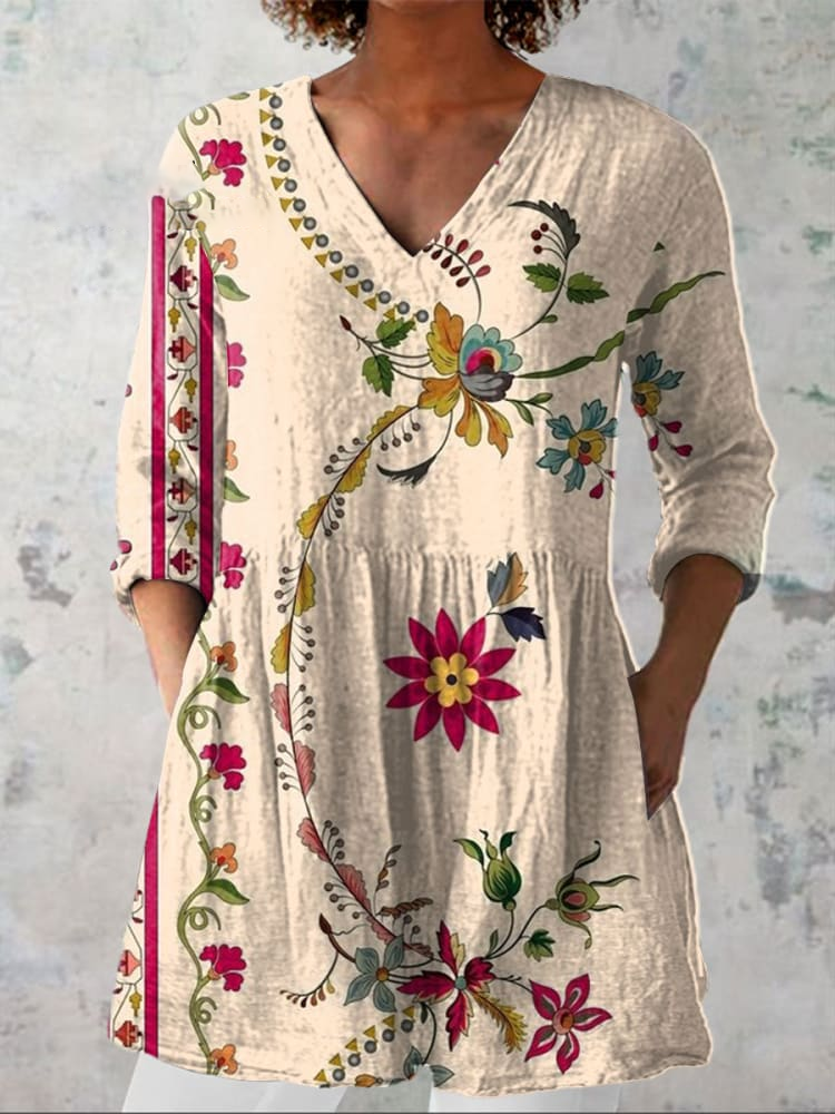 Womens Simple Floral Pattern Casual Linen V-Neck Shirt