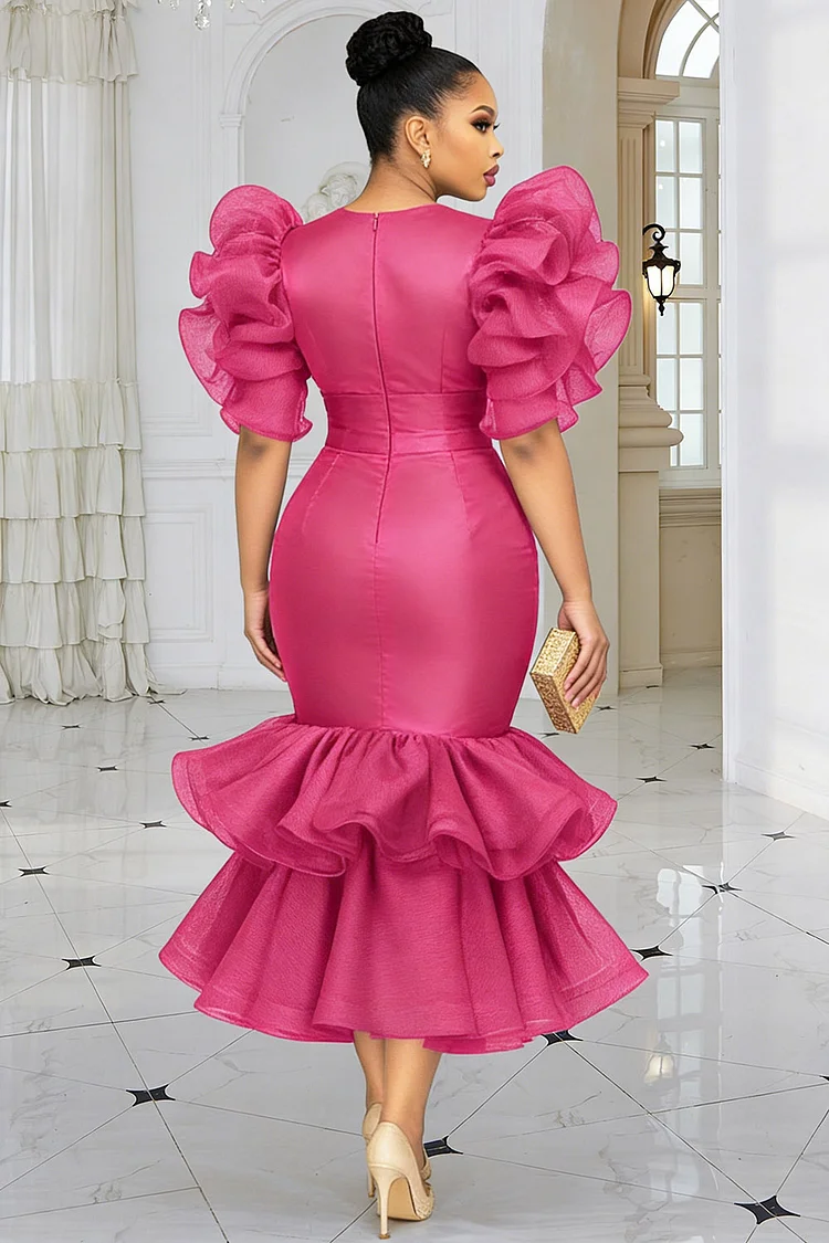 Xpluswear Design Plus Size Wedding Guest Tulle Hot Pink Round Neck Short  Sleeve Ruffle Tiered Satin Midi Dresses