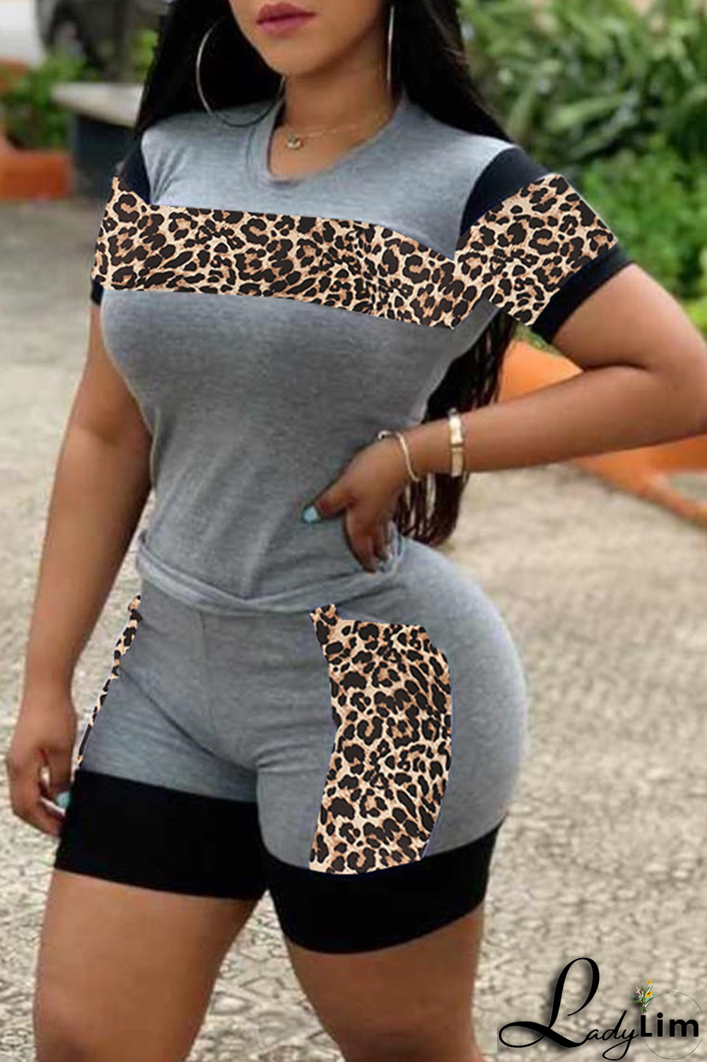 Blue Casual Leopard Split Joint O Neck Plus Size Two Pieces