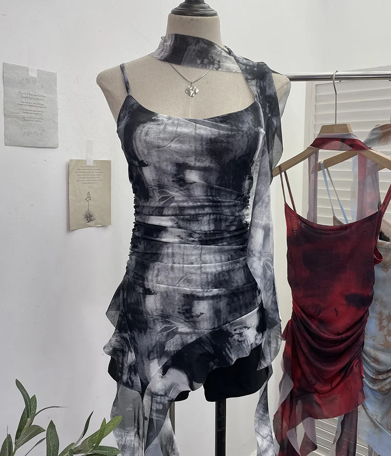 Churchf Spice Girls Irregularly Designed Lotus Leaf Edge Ribbon Sling Vest Tie Mesh Folding Top 9962