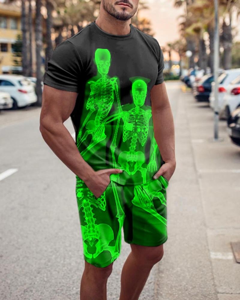 Men's Green Skull Printed Sports Shorts Suit