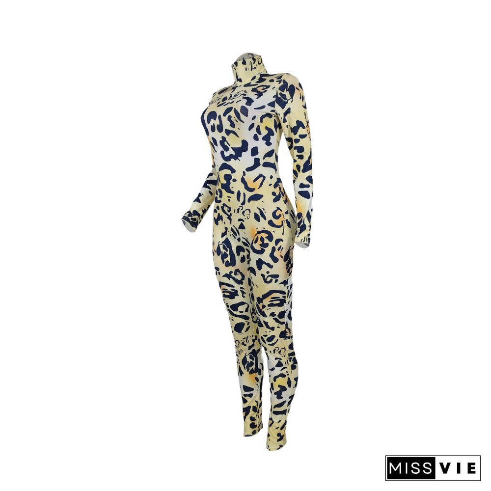 Leopard Print Turtleneck Long Sleeve Skinny Jumpsuit