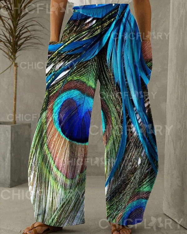 Women's Peacock Print Loose Pants 