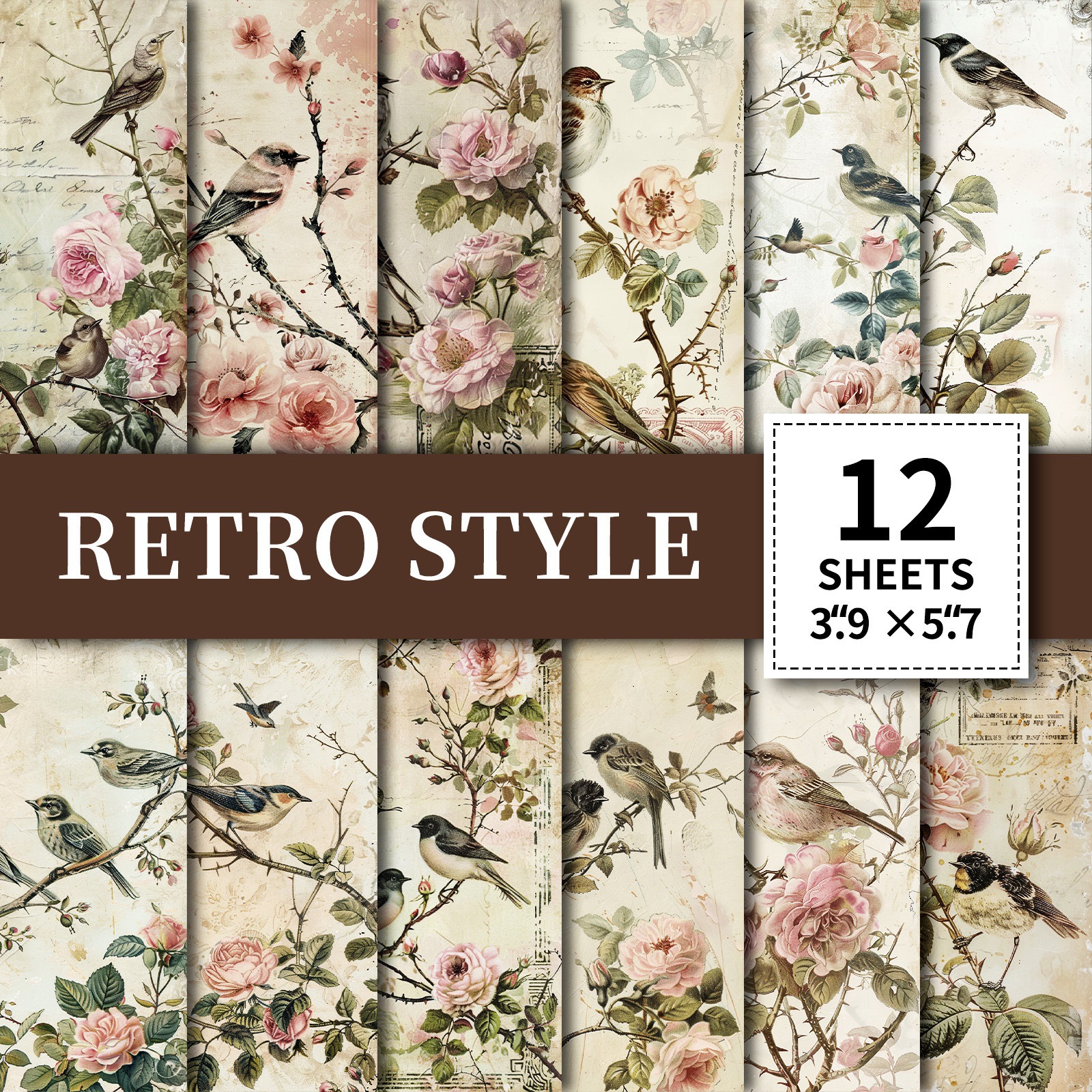 재질: 종이 - 12매/세트 빈티지 식물 꽃 새