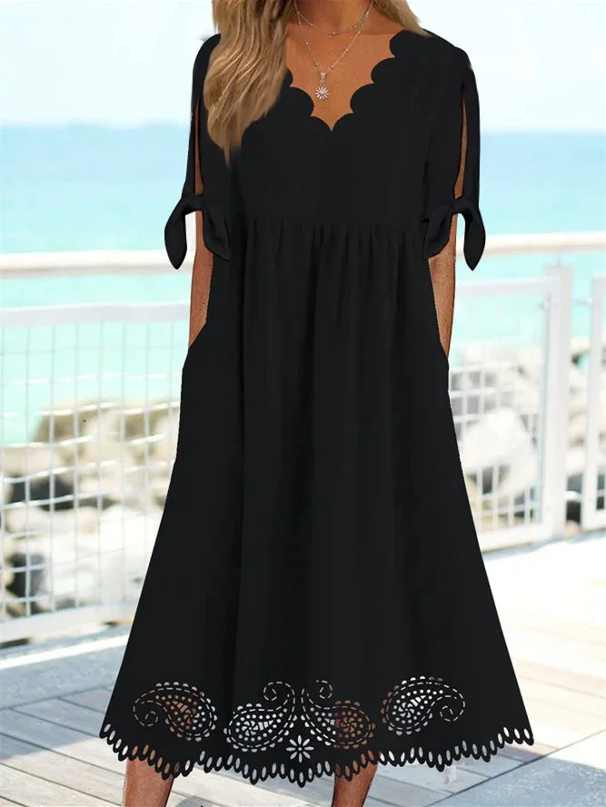 Women plus size clothing Women's Short Sleeve V Neck Black Pure Color Midi Dress-Nordswear