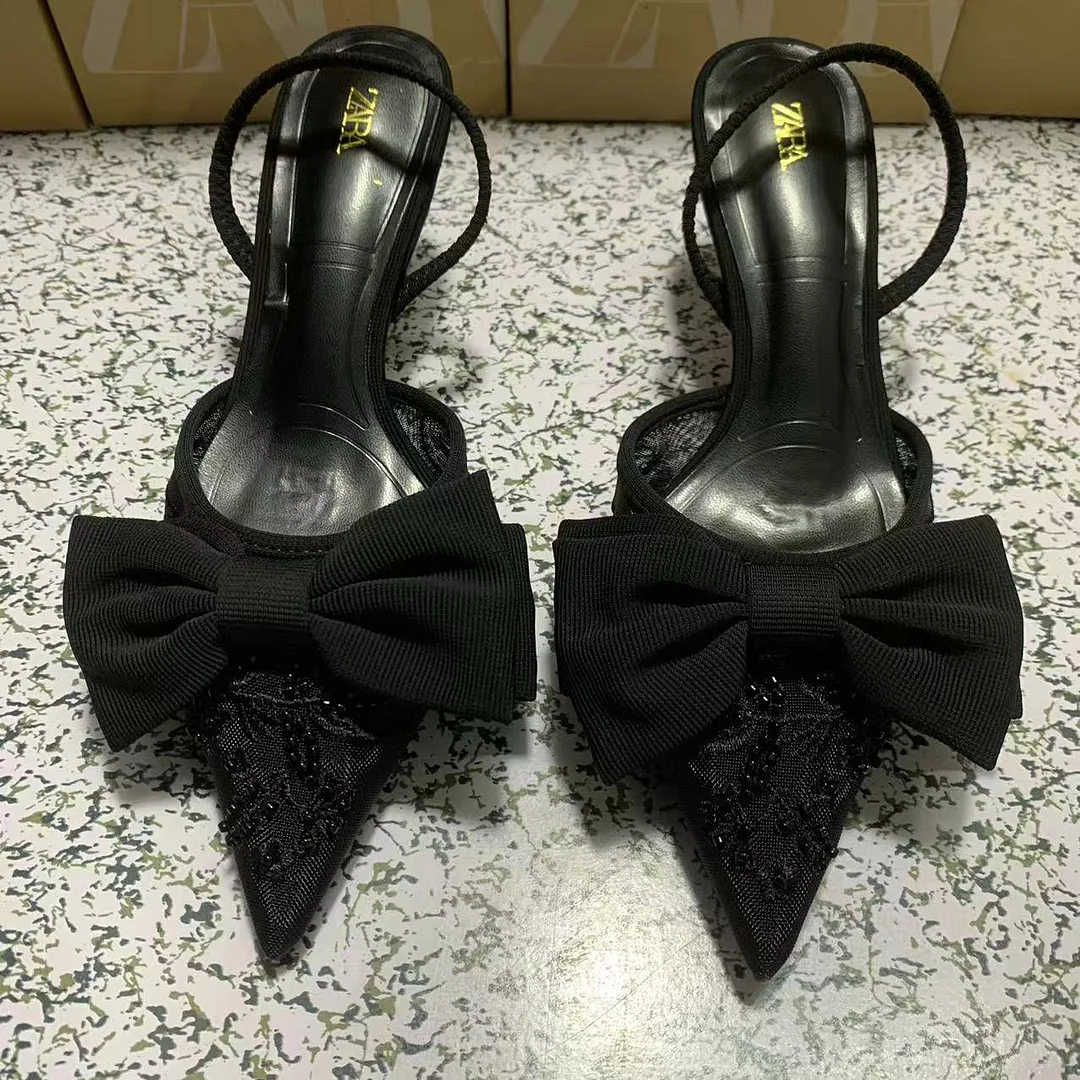 Breakj Breakj Home 2025 New Women's Shoes Low Heel High Heels High-Heeled Shoes Back Mouth Studded Single Shoes Black Bow