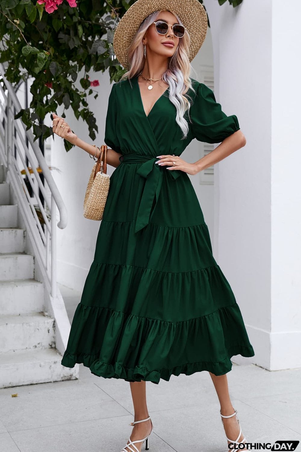 Surplice Neck Tie Waist Tiered Midi Dress