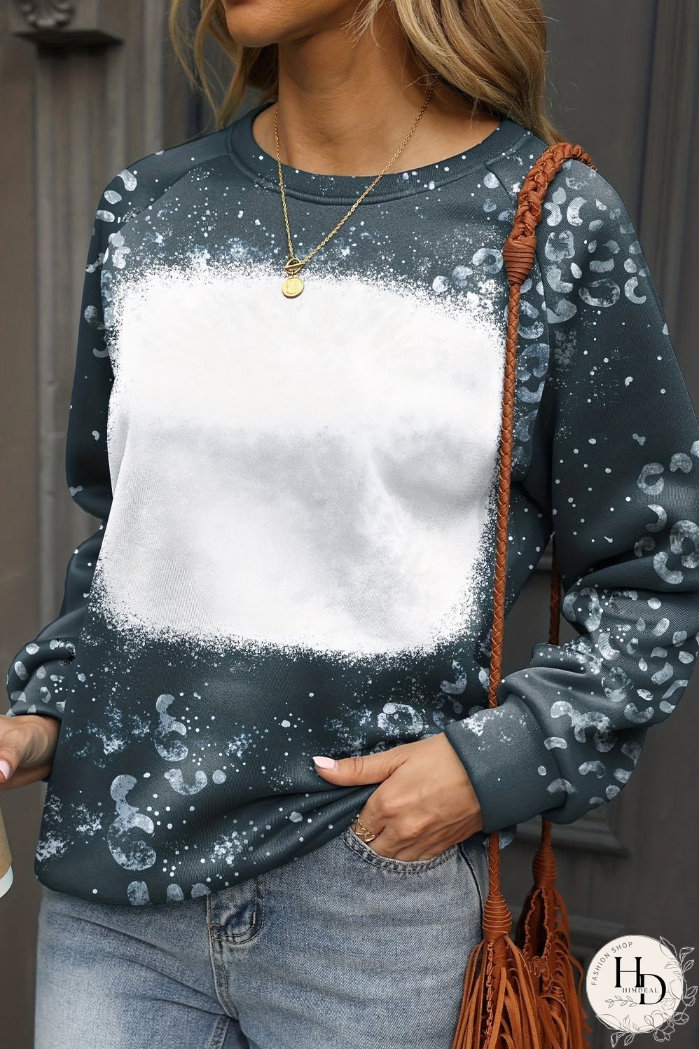 Blue Leopard Bleached Raglan Sleeve Crewneck Sweatshirt