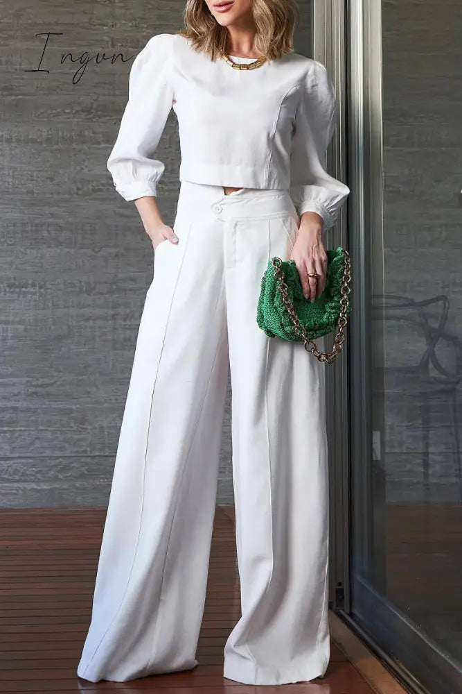 Ingvn - Elegant Solid Pocket O Neck Long Sleeve Two Pieces White / S Pieces/Two-Piece Pants Set