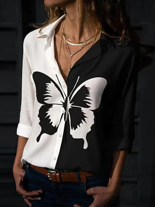 Women's Black And White Butterfly Print Long Sleeve Shirt