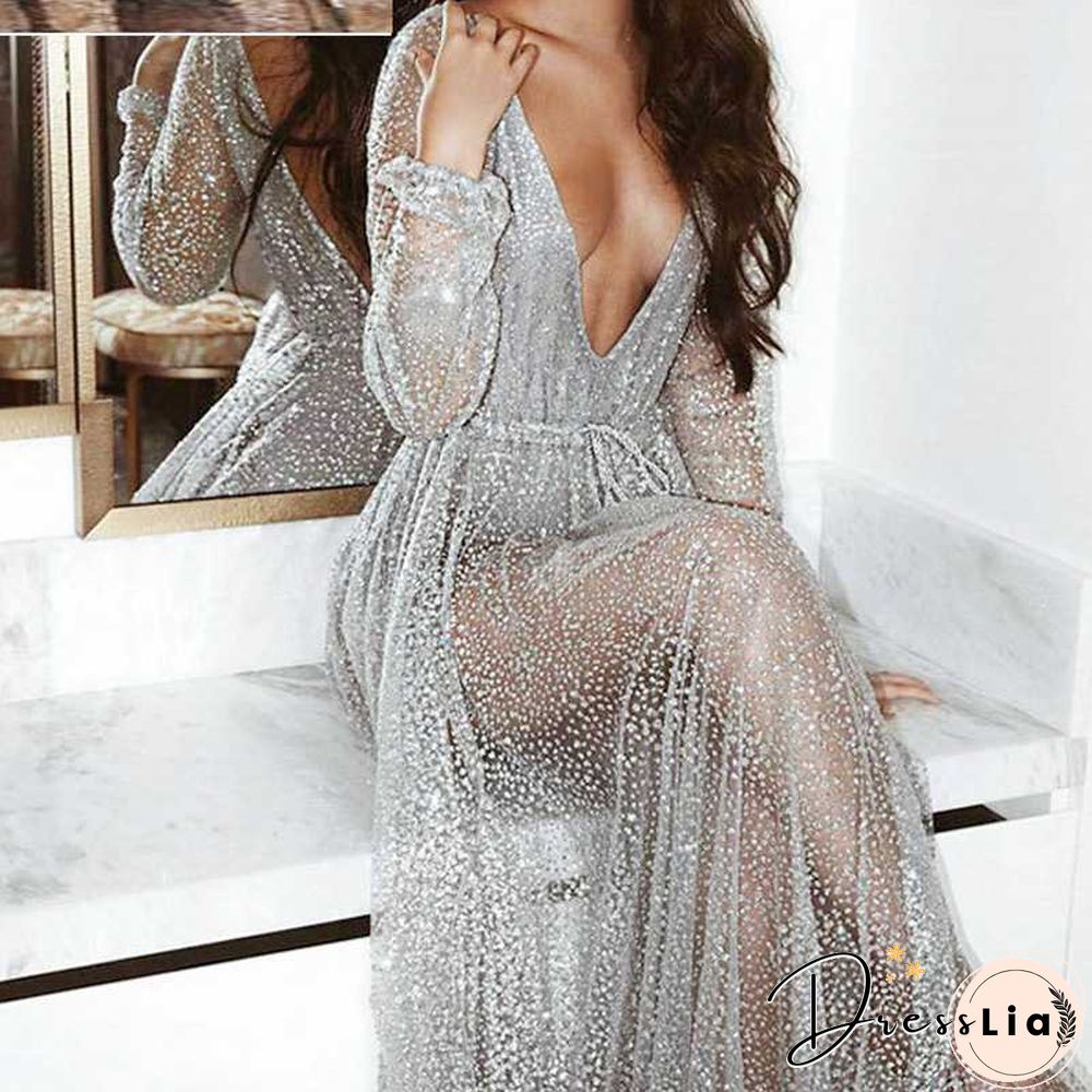Gitter Sequins Deep Plunge Tie Waist Long Sleeve Sheer Mesh Dress