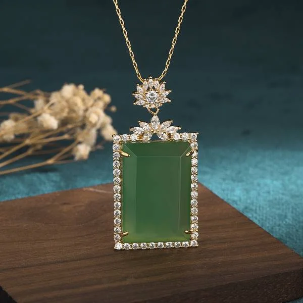 Natural Jade Peaceful Square Lucky Pendant Necklace