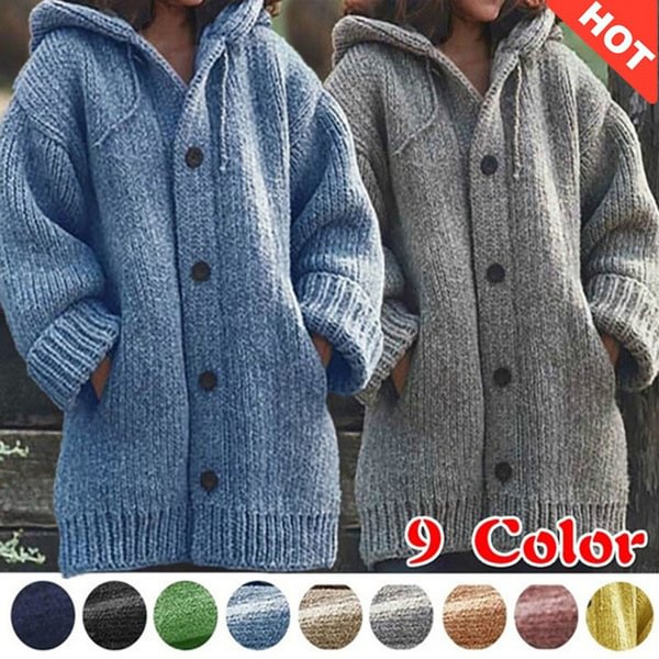 New Arrival Fashion Autumn Winter Women Knit Hooded Sweater Ladies Mid-length Button Up Knitted Cardigan Jacket Plus Size 9 Colors