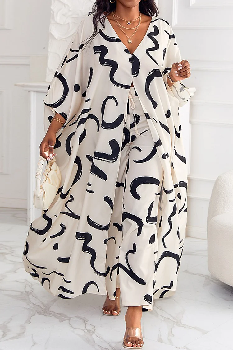 Plus Size Vacation White Boho All Over Print V Neck Long Sleeve Pocket Two Piece Pant Sets [Pre-Order] 2024 - Xpluswear