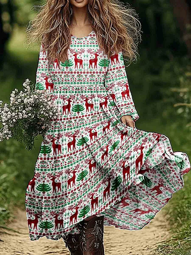 Womens Christmas Geometric Elk Floral Pattern Cotton and Linen Dresse