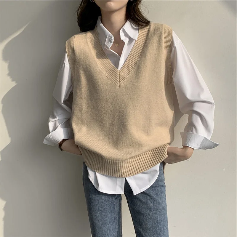 Vintage Knit Vest Women Sweater Sleeveless Tank Top V-neck Streetwear Casual Loose Korean Pullover Autumn Winter Clothes 17335
