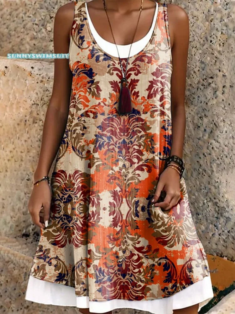 Women's Retro Flowers Art Print Relaxing Beach Vacation Dress