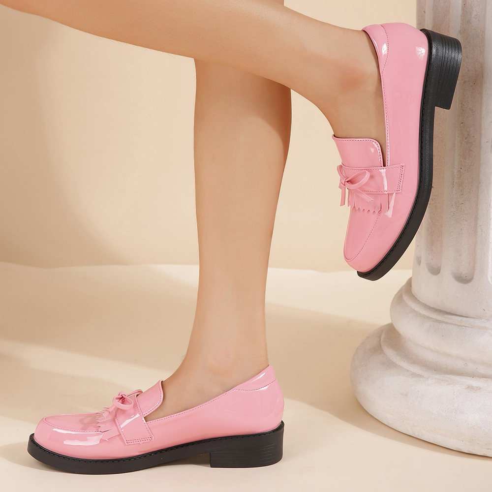 Pink Patent Leather Closed Toe Chunky Heel Formal Loafers Nicepairs