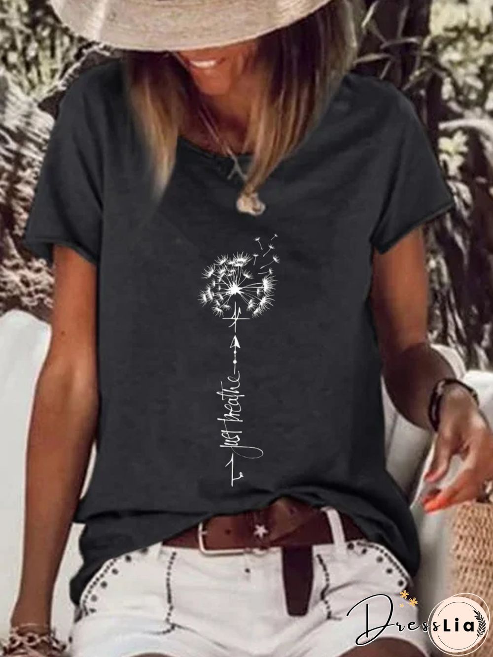 Casual Dandelion Short Sleeve Round Neck Plus Size Printed Tops T-shirts