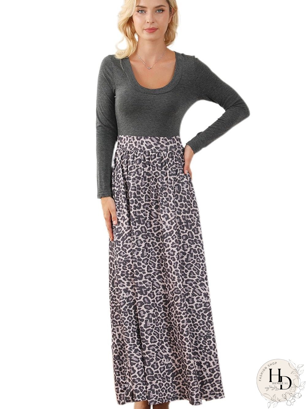Leopard Print Maxi Dress with Fitted Bodice and Long Sleeves