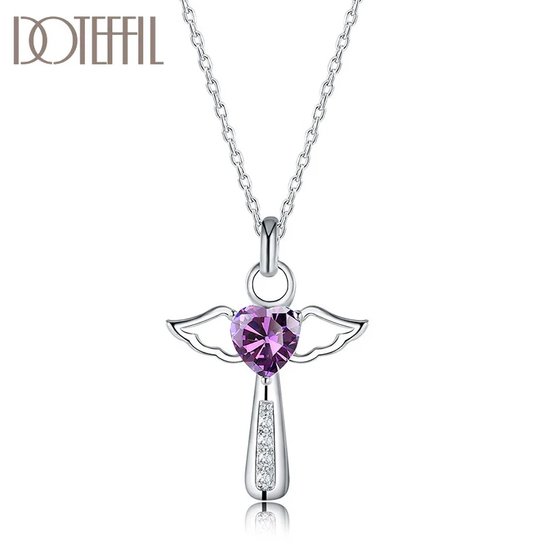 DOTEFFIL 925 Sterling Silver 18-30 Inch Chain Cross Heart Purple/White AAA Zircon Necklace For Woman Jewelry