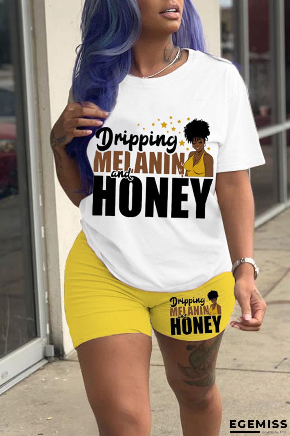 Yellow Casual Print Patchwork O Neck Short Sleeve Two Pieces | EGEMISS