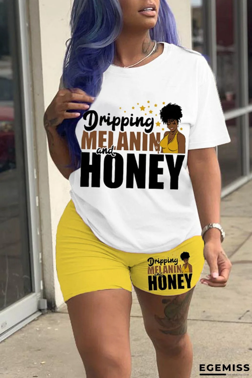 Yellow Casual Print Patchwork O Neck Short Sleeve Two Pieces | EGEMISS