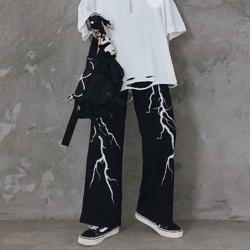 Goth Punk Harajuku Dark Lightning Print Couple Casual Pants / TECHWEAR CLUB / Techwear