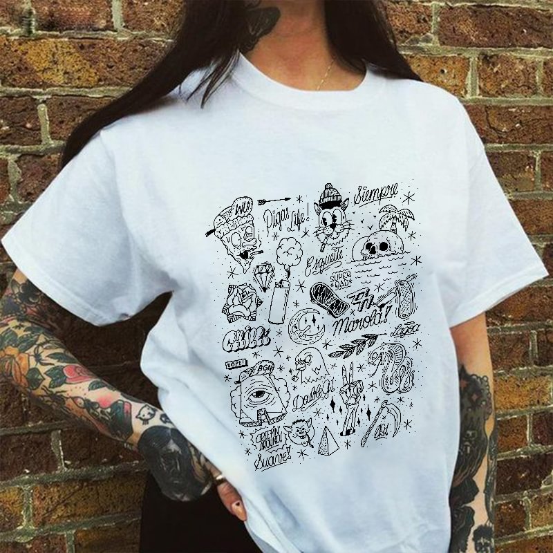 Cute Moon Skull Letter Printed Women's T-shirt - Krazyskull
