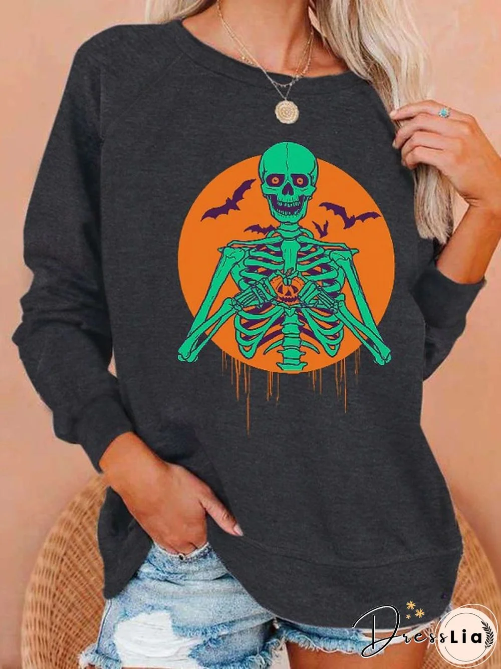 Halloween Skull Print Pullover Sweatshirt