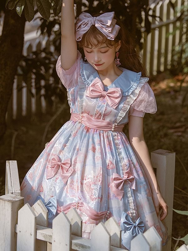 Sweet Lolita Dress Short Sleeves Cute Girl Dress With Bows Novameme