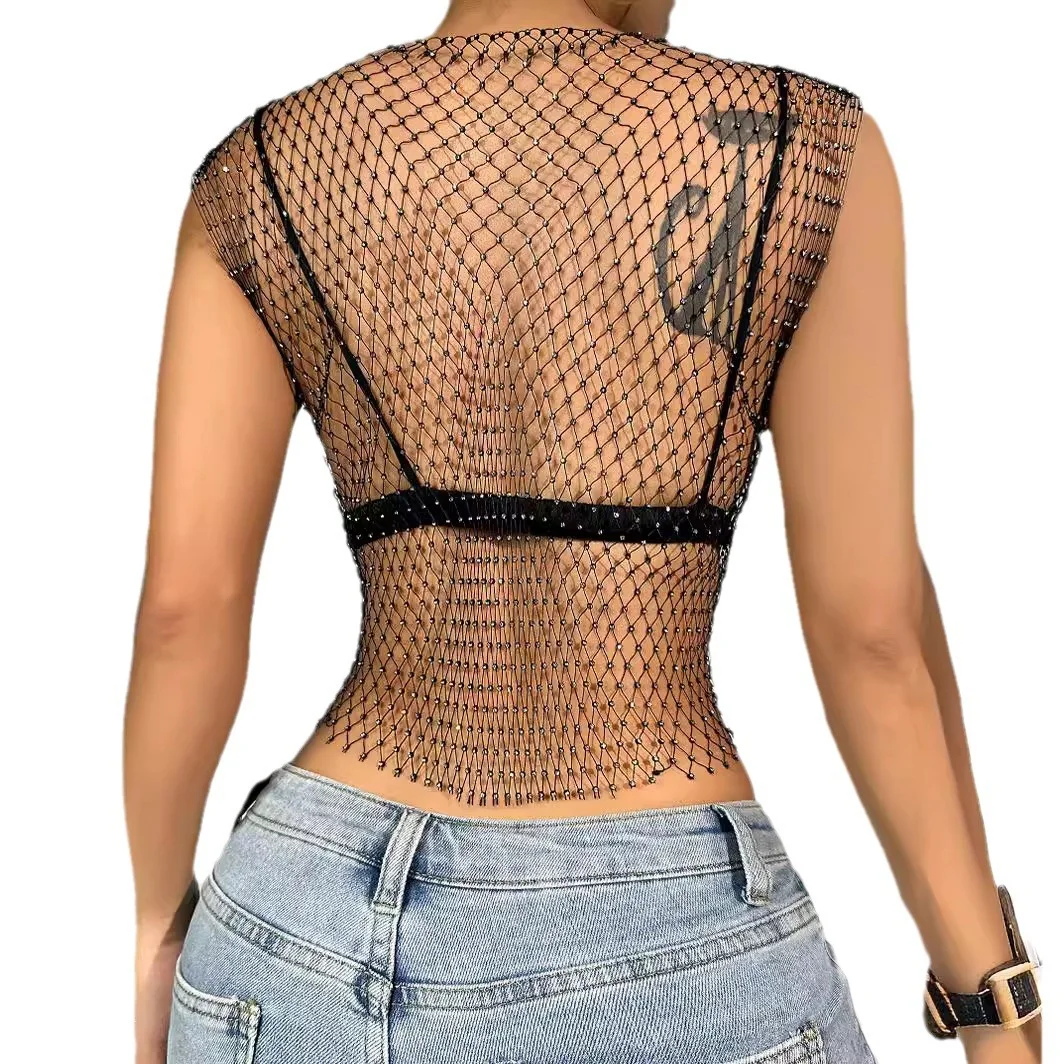 Uveng Uveng Nightclub Dresses Fishnet Hollow Out Rhinestone Vest Mesh Flash Diamond Sling Top Female