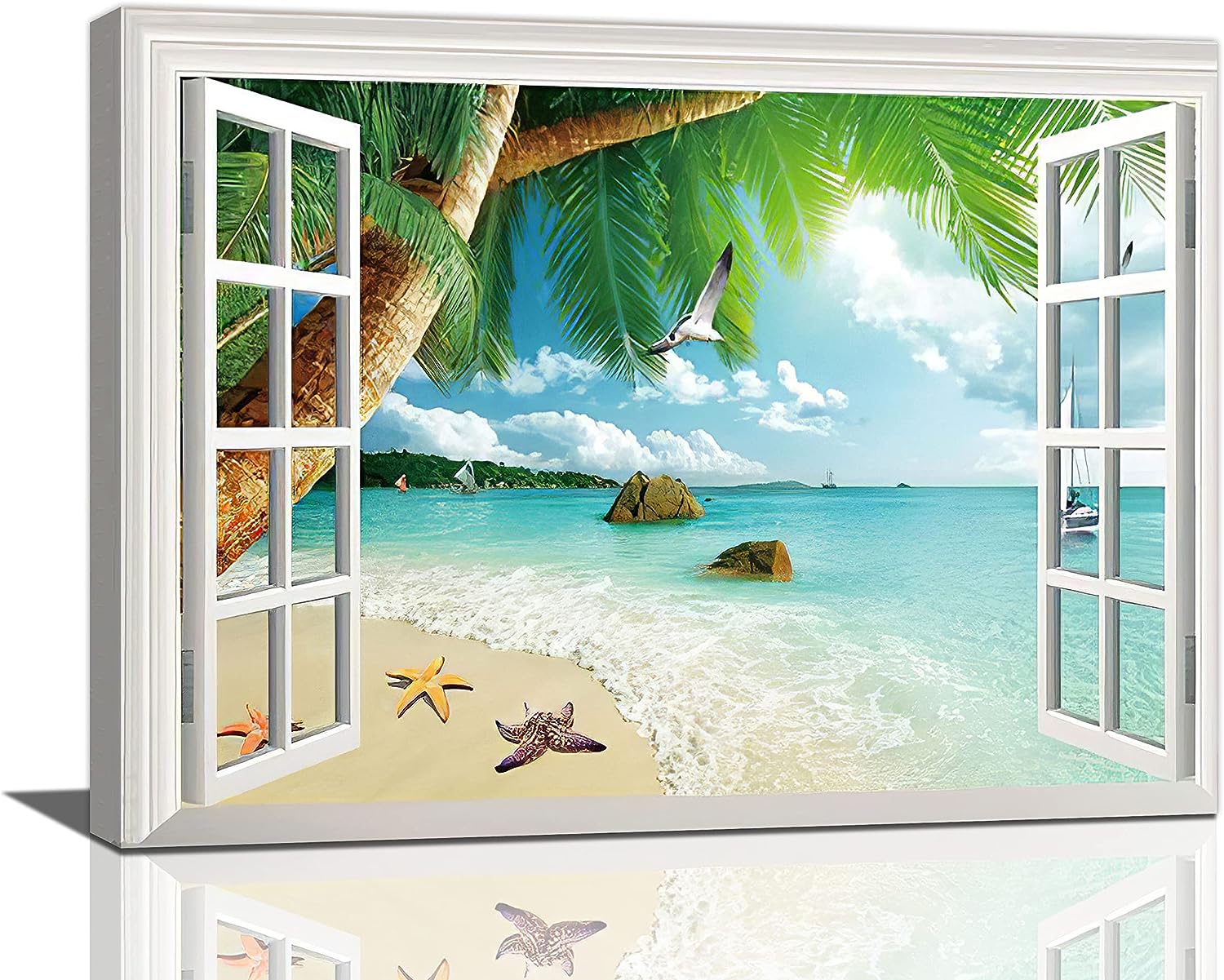 Window Beach Bathroom Wall Art Coastal Palm Tree Beach Sence Pictures Wall Decor Window Nautical Sailing boat Canvas Painting Print Artwork 3D Window Modern Home Decor Framed for Living room Bedroom Bathroom 12 inch X16 inch  Window Beach2