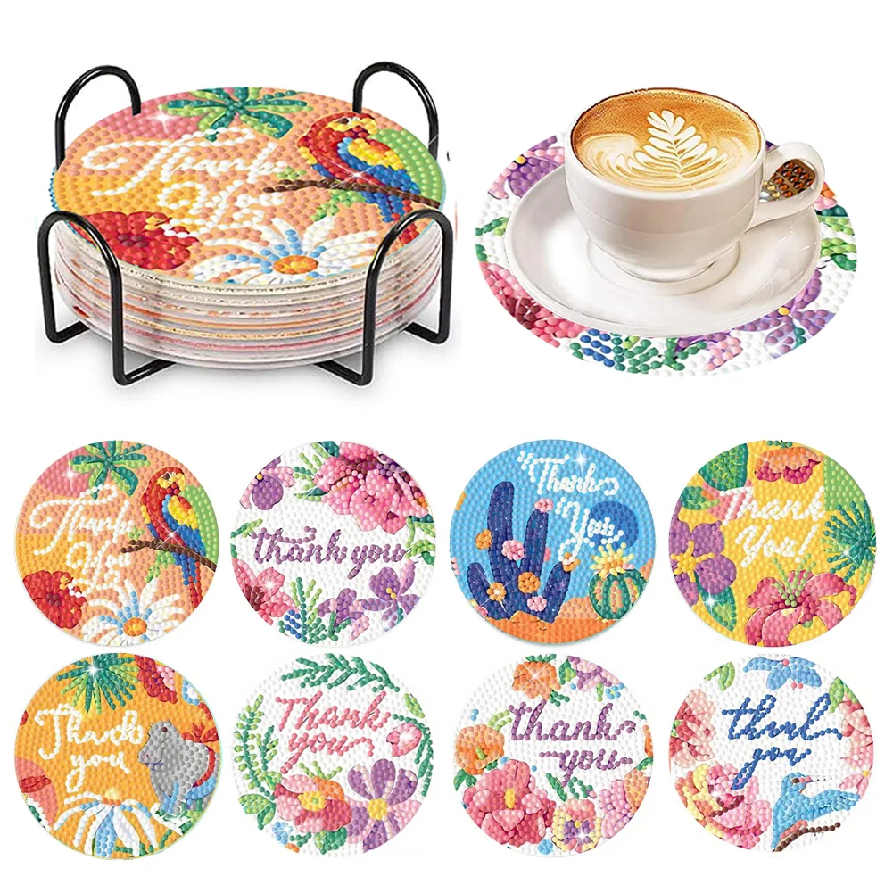 8pcs Diamond Painting Coaster Set With Stand, Diy Cartoon Cup Mat