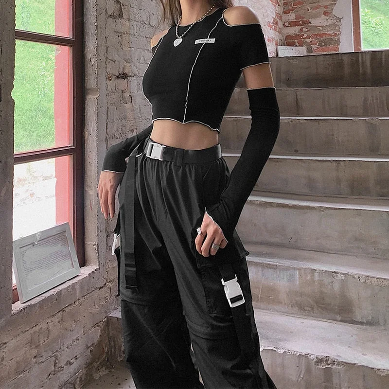 Gothic E-Girl Style Women's T-shirts Patchwork Black Strapless Streetwear Y2k Crop Tops Ruffles Hem Hip Hop Techwear Women Tees
