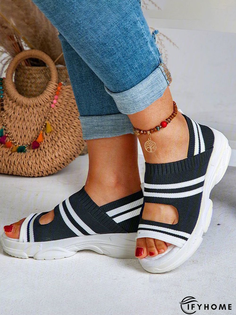 Casual Low Heel Gray Open Toe Sandals | IFYHOME