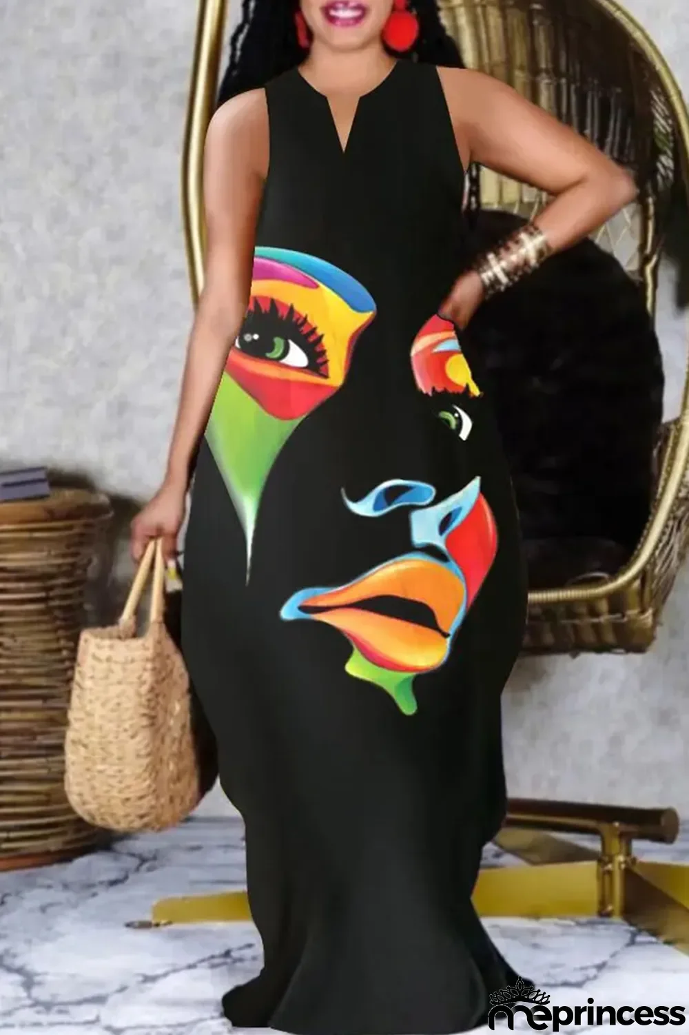 White Casual Print Patchwork V Neck Straight Dresses