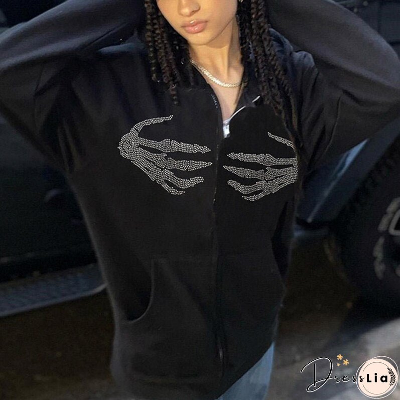 Christmas Gift Goth Skeleton Hand Print Autumn Winter Hoodies Women Zipper Up Harajuku Sweatshirt Gothic Clothes Loose Jacket Coat Hooded