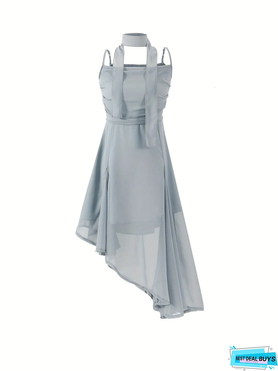 Cowl Neck Asymmetric Ruffle Hem Dress, Elegant Cut Out With Scarf Layer Dress, Women's Clothing