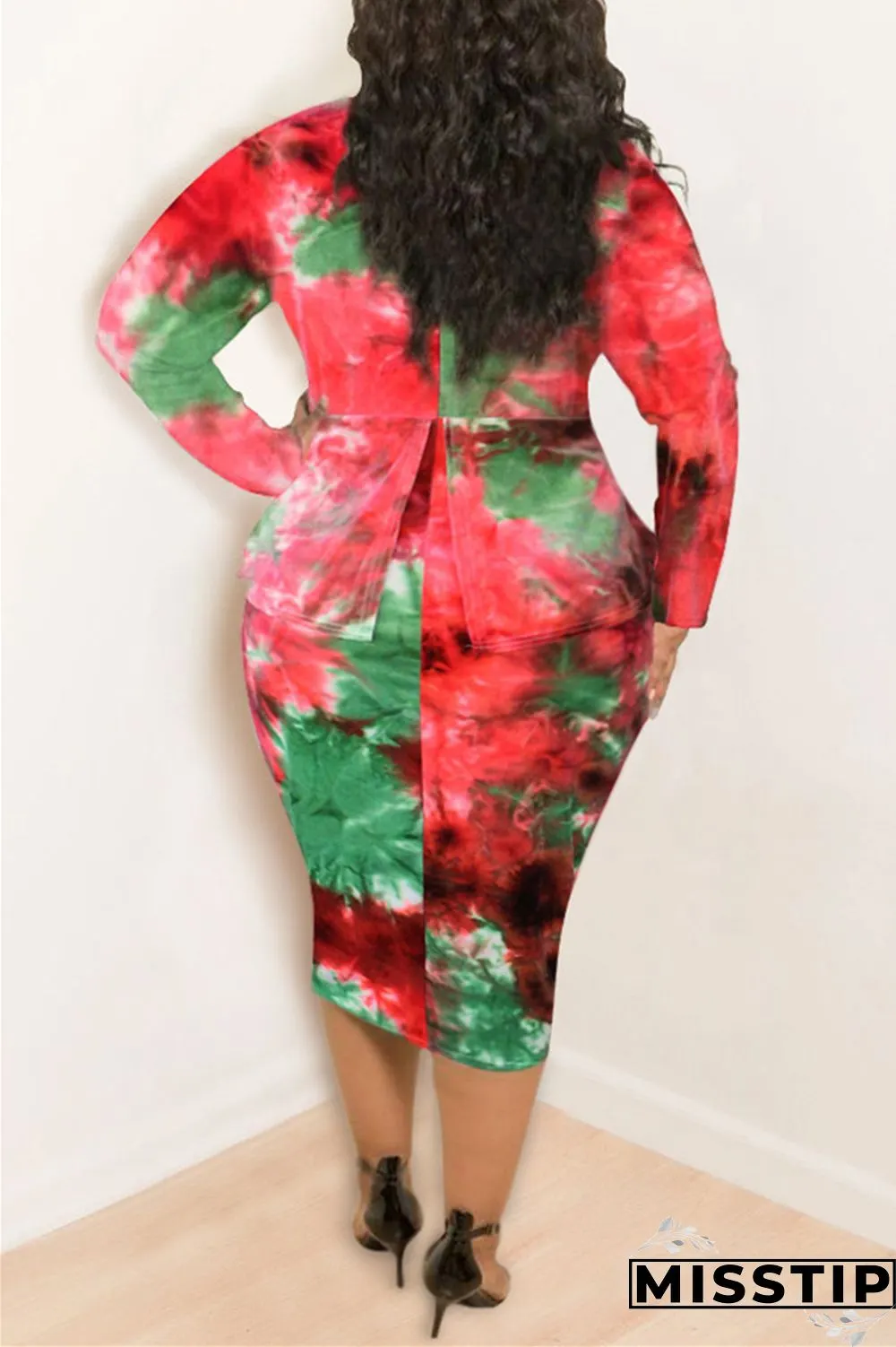 Orange Fashion Casual Plus Size Print Tie Dye Tie-dye Turtleneck Printed Dress